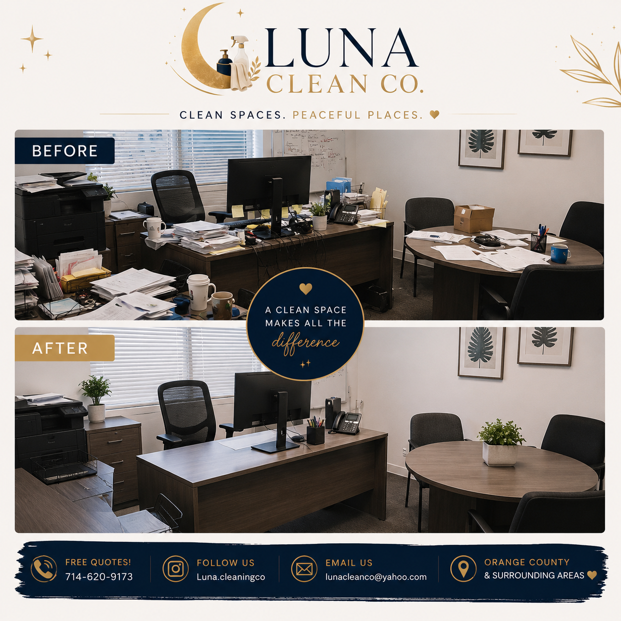Illustrative office before-and-after cleaning concept